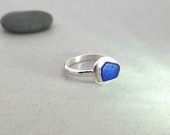 Sea Glass Rings Silver Stacking Rings 925 Handmade Sterling Silver Ring Authentic Blue Sea Glass Jewelry Gift For Women Maine Made, SIZE 7.5