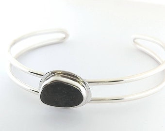 Handmade Sterling Silver Beach Stone Cuff Bracelet - Maine Jewelry