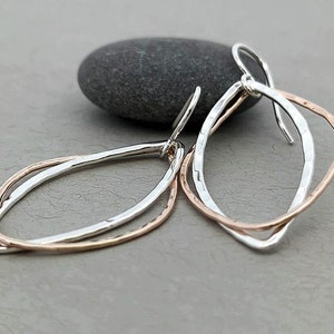 Mixed Metal Earrings, Hammered Silver Hoop Dangle Earrings, Two Tone Hoop Earrings, Lightweight Bronze and Silver Earrings, Simple Silver