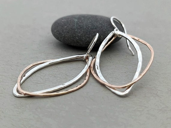 Mixed Metal Earrings, Hammered Two Tone Marquise Earrings, Lightweight Bronze and Silver Handmade Jewelry