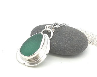 Sea glass necklace handmade in 925 sterling silver. A Maine gift for her. Simple modern jewelry using sea glass tumbled by beach waves.