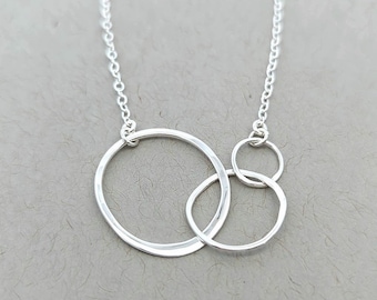 Chain Necklace, Sterling Silver Circle Necklace, Three Link Chain Necklace Handmade Family Friend Necklace Triple Circle Hammered Chain
