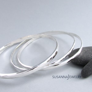 Sterling Silver Bangle Bracelet, set of three, Stackable bracelets, gift for women,  Hammered Bracelet Minimalist Style Everyday Jewelry
