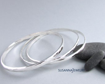 Hammered Sterling Silver Bangle Bracelet Set, Minimalist Stackable Jewelry