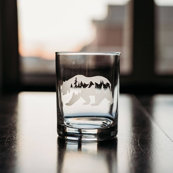 Mountain Bear Whiskey Glass - etched whiskey glass - mountain whiskey glass - mountain bear - custom bear whiskey glass - custom gift - bear