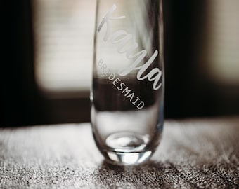 Bridesmaid Etched Stemless Champagne Glass, engraved champagne glass, custom gift, Gifts for Her, personalized champagne glass