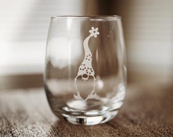 Sammy the Gnome Stemless Wine Glass - Etched wine glass - gnome wine glass - gnome gift - custom gift - gnome etched glass