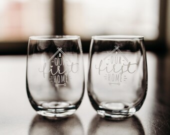 Our first home wine glass set of 2, Realty wine glass, personalized wine glass, first home personalized gift, house warming gift