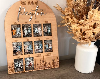 One year photo board, wood photo board, first birthday display, baby photo prop, baby name gift, monthly milestones, first birthday sign