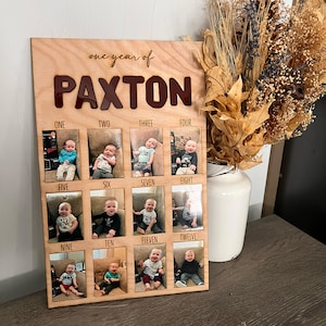 One year photo board, wood photo board, first birthday display, baby photo prop, baby name gift, monthly milestones, first birthday sign
