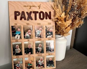 One year photo board, wood photo board, first birthday display, baby photo prop, baby name gift, monthly milestones, first birthday sign