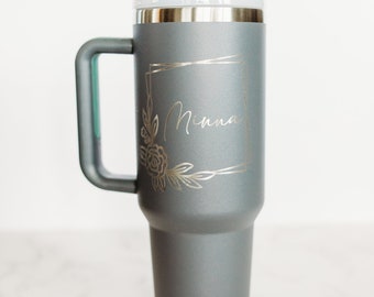 Personalized 40oz tumbler with handle and straw, custom engraved cup, 40oz stainless steel water bottle, travel water bottle