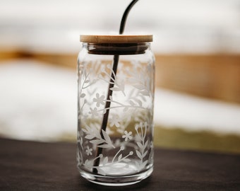 Iced coffee can with lid and straw, beer can glass, soda can glass, floral wrapped coffee glass, etched coffee glass, etched beer can glass