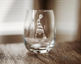Skyler the Gnome Stemless Wine Glass - Etched wine glass - gnome wine glass - gnome gift - custom gift - gnome etched glass