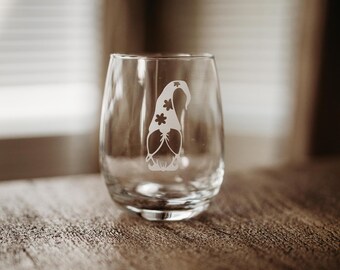 Sandra the Gnome Stemless Wine Glass - Etched wine glass - gnome wine glass - gnome gift - custom gift - gnome etched glass