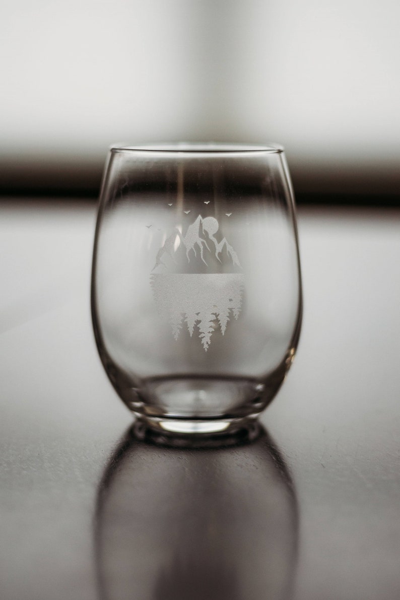 Mountain Forest Reflection Etched Stemless Wine Glass Etched Etsy