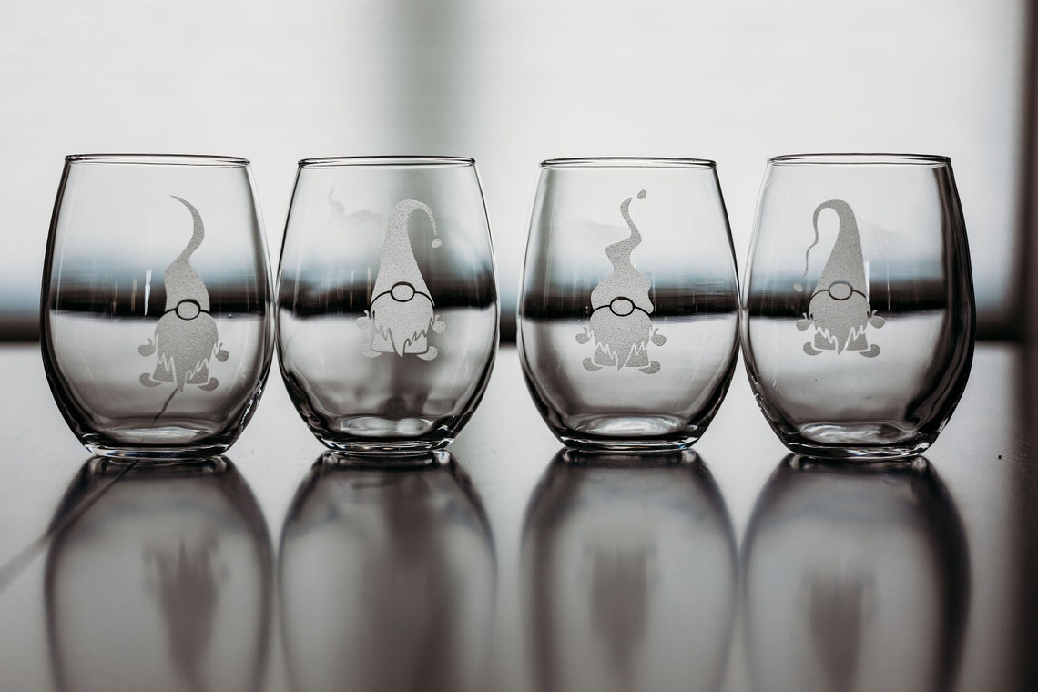 Gnome Set of 4 Stemless Wine Glass Etched Wine Glass Gnome Etsy