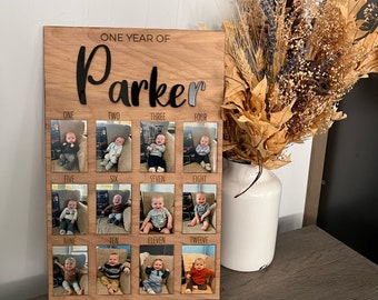 One year photo board, wood photo board, first birthday display, baby photo prop, baby name gift, monthly milestones, first birthday sign
