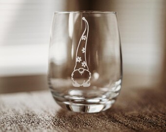 Sunny the Gnome Stemless Wine Glass - Etched wine glass - gnome wine glass - gnome gift - custom gift - gnome etched glass
