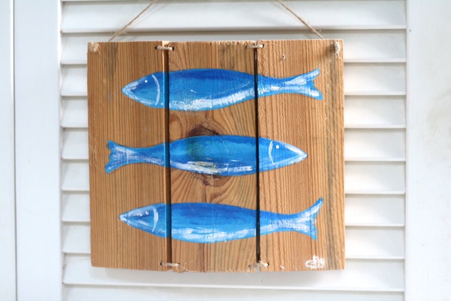 Fish. French painting fish on vintage wood. French unique