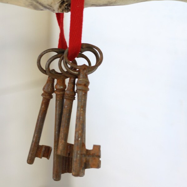 5 Large Antique French Keys and lovely red ribbon. Vintage patina.1900th. Lucky charm