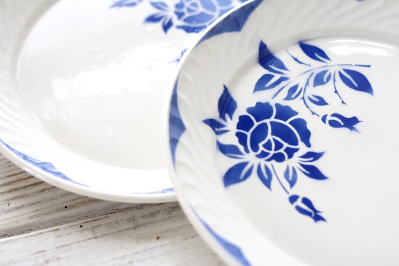 French antic plate Large round plate Very large French dish Digoin Sarreguemines 2 available Beige with dark blue flowered pattern 1900s