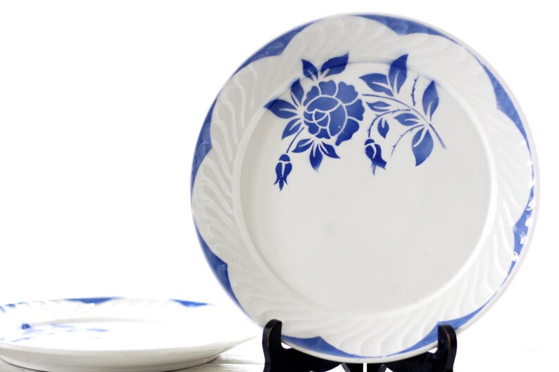 French antic plate Large round plate Very large French dish Digoin Sarreguemines 2 available Beige with dark blue flowered pattern 1900s