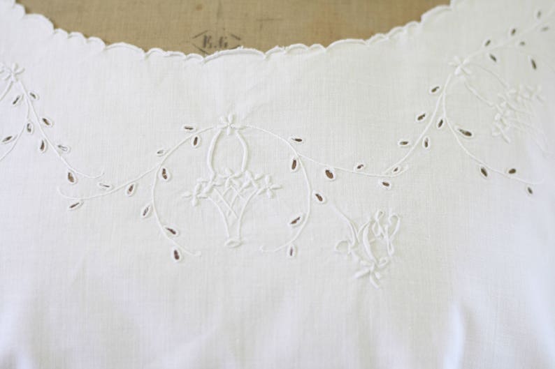 French antique nightgown 19th Amazing Victorian Handmade maternity dress Nightshirt with embroidery MJ or MD pure thread French linen