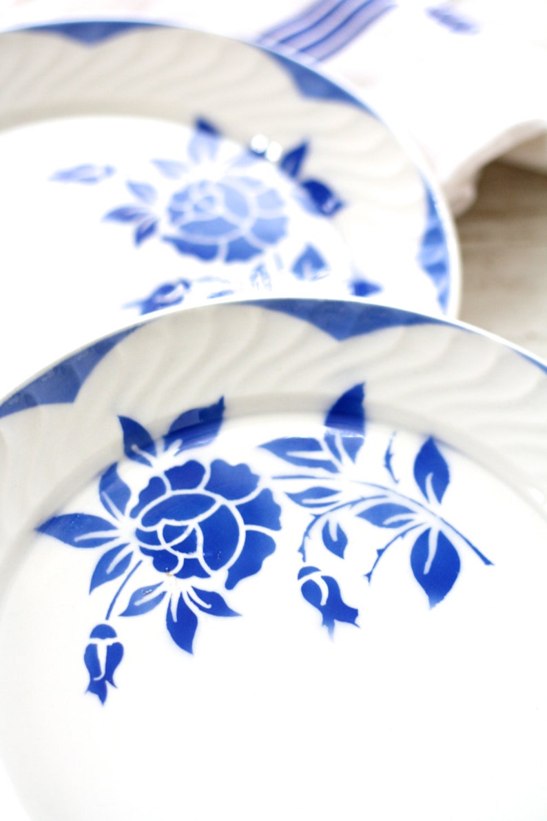 French antic plate Large round plate Very large French dish Digoin Sarreguemines 2 available Beige with dark blue flowered pattern 1900s