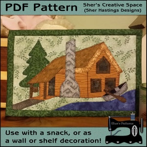 PDF Pattern for Lakeside Cabin Mug Rug, Cabin Mug Rug Pattern, Vacation Mini Quilt Pattern, Cabin Applique Sewing Pattern, Tutorial, DIY image 1