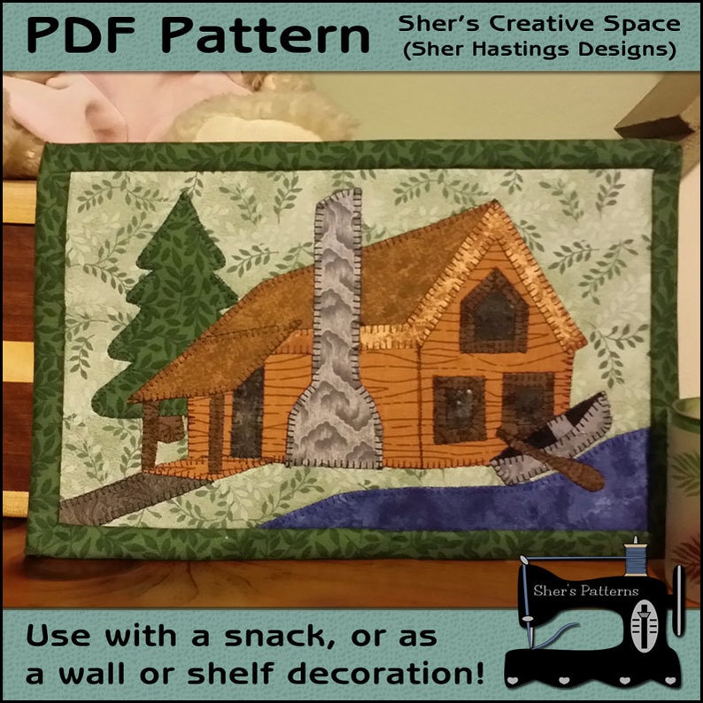 PDF Pattern for Lakeside Cabin Mug Rug, Cabin Mug Rug Pattern, Vacation Mini Quilt Pattern, Cabin Applique Sewing Pattern, Tutorial, DIY image 1