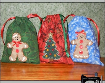 PDF Pattern for Christmas Treat Bag, Christmas Favor Bag, Christmas Gift Bag, Gingerbread Gift Bag, Christmas Sewing Pattern, Tutorial, DIY