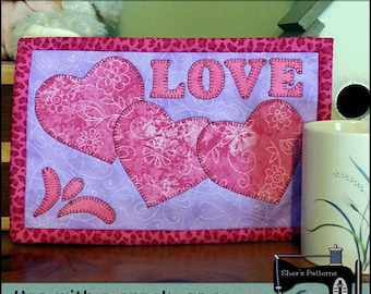 PDF Pattern for Valentine Hearts Mug Rug, Valentine Mug Rug Pattern, Valentine Mini Quilt Pattern - Valentine Applique, Sewing Pattern, DIY