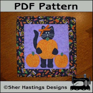 May include: PDF pattern for a black cat holding a pumpkin with a purple background and a Halloween themed border. The pattern is by Sher Hastings Designs.