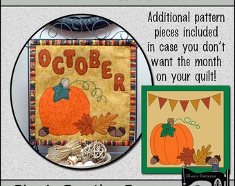 Patrón PDF para el bloque de edredón del mes de octubre, patrón de edredón con apliques de calabaza, edredón de calabaza, edredón de otoño - Patrón de costura, tutorial, bricolaje