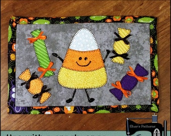 PDF Pattern for Halloween Mug Rug, Happy Candy Corn Mug Rug Pattern, Halloween Applique Templates, Halloween Mini Quilt Pattern,  DIY