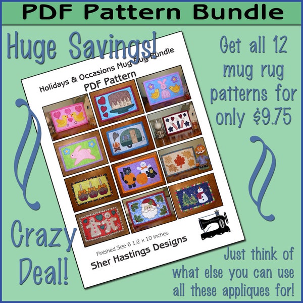 PDF Pattern for Holiday Mug Rug Bundle, Halloween Mug Rug, Christmas Mug Rug Pattern, Christmas Applique Templates - Sewing Pattern, DIY
