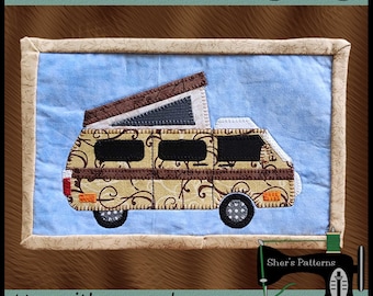 Molde em PDF para tapete de caneca em formato de autocaravana, Molde para tapete de caneca em formato de autocaravana, Molde para mini colcha em formato de autocaravana, Molde de costura, Tutorial