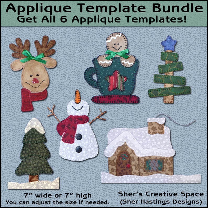 Christmas Applique Template Bundle Vol 2 Snowman Applique Template Reindeer Applique Template Sewing Pattern, PDF Pattern, DIY image 1