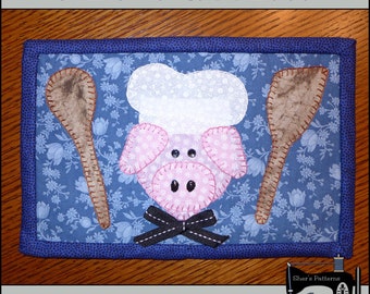 Patrón PDF para posavasos de chef, patrón de posavasos de cerdito, patrón de mini edredón de chef - Patrón de costura, tutorial, hazlo tú mismo