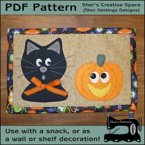 May include: A black cat with a red bow and a smiling orange pumpkin with googly eyes. The image is on a brown background with a black, orange, and purple border. The text "PDF Pattern" is at the top of the image. The text "Sher's Creative Space (Sher Hastings Designs)" is also at the top of the image. The text "Use with a snack, or as a wall or shelf decoration!" is at the bottom of the image. The text "Sher's Patterns" is at the bottom right of the image.