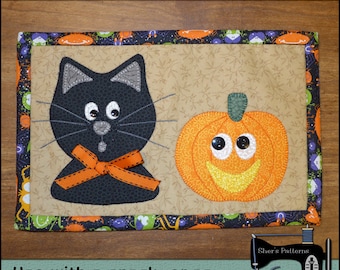 Patrón PDF para alfombra de taza de Halloween, patrón de alfombra de taza de calabaza, patrón de alfombra de taza de gato, patrón de mini edredón de gato - Patrón de costura, Tutorial, DIY