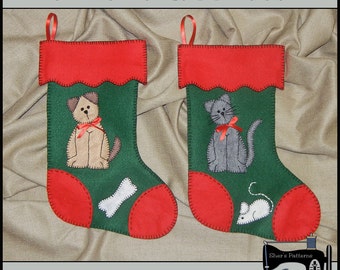 PDF Pattern for Felt Pet Stockings - Cat Christmas Stocking Pattern, Dog Christmas Stocking Applique Sewing Pattern, Tutorial, DIY