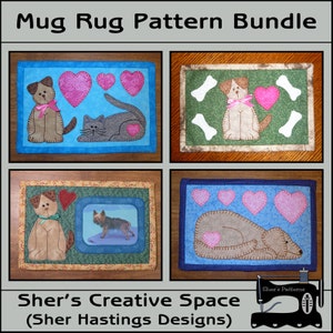 Könnte beinhalten: Ein Set mit vier Bechern für Becher mit Hunden und Katzen mit Herzen und Knochen. Die Muster sind mit "Sher's Creative Space (Sher Hastings Designs)" betitelt.