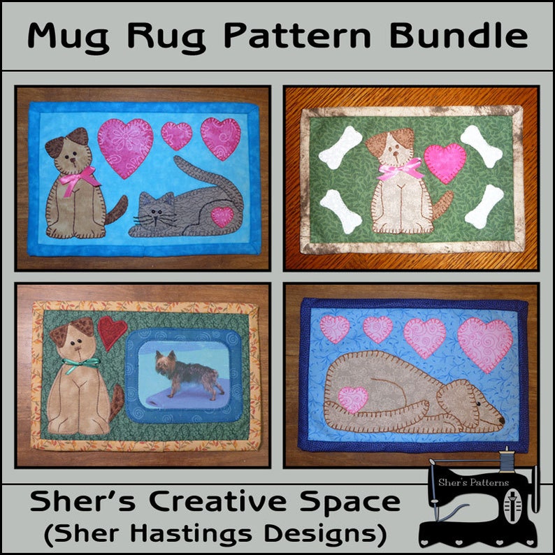 PDF Pattern for Dog Mug Rug Bundle, Dog Pattern Bundle, Mug Rug Pattern, Dog Applique Templates , Dog Sewing Pattern, Tutorial, DIY image 1