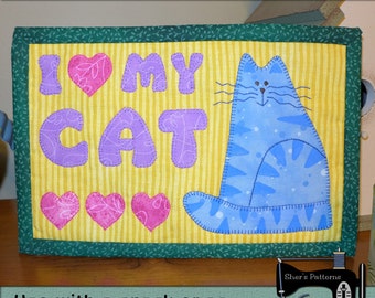 PDF Pattern for Love My Cat Mug Rug, Cat Mug Rug Pattern,  Kitten Mini Quilt Pattern - Cat Applique Sewing Pattern, Tutorial, DIY