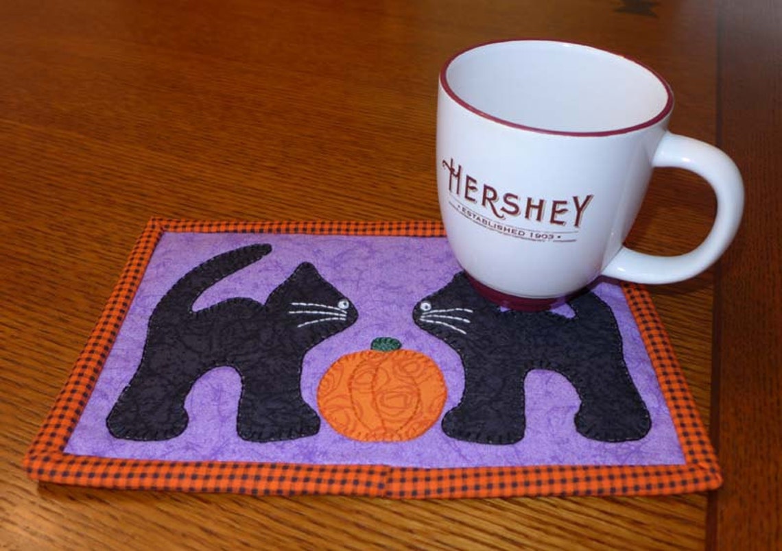 PDF Pattern for Halloween Mug Rug Black Cat Mug Rug Pattern Etsy