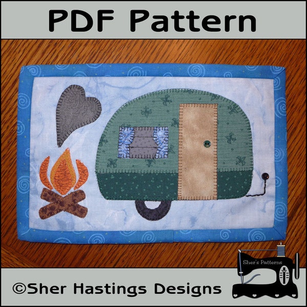 PDF Pattern for Camping Mug Rug, Camper Mug Rug Pattern, Vintage Camper Mini Quilt Pattern, Sewing Pattern, Tutorial, DIY