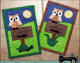 Patrón PDF para alfombra de taza de camping, patrón de alfombra de taza de letrero de campamento, patrón de mini edredón de búho, alfombra de taza de búho, aplique de campamento, patrón de costura, tutorial