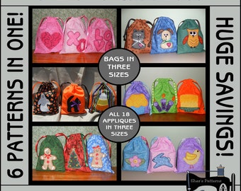 PDF Pattern for 18 Treat Bags, Favor Bag Pattern, Gift Bag Pattern, Gift Bag Applique Bundle, Gift Bag Sewing Pattern, Tutorial, DIY